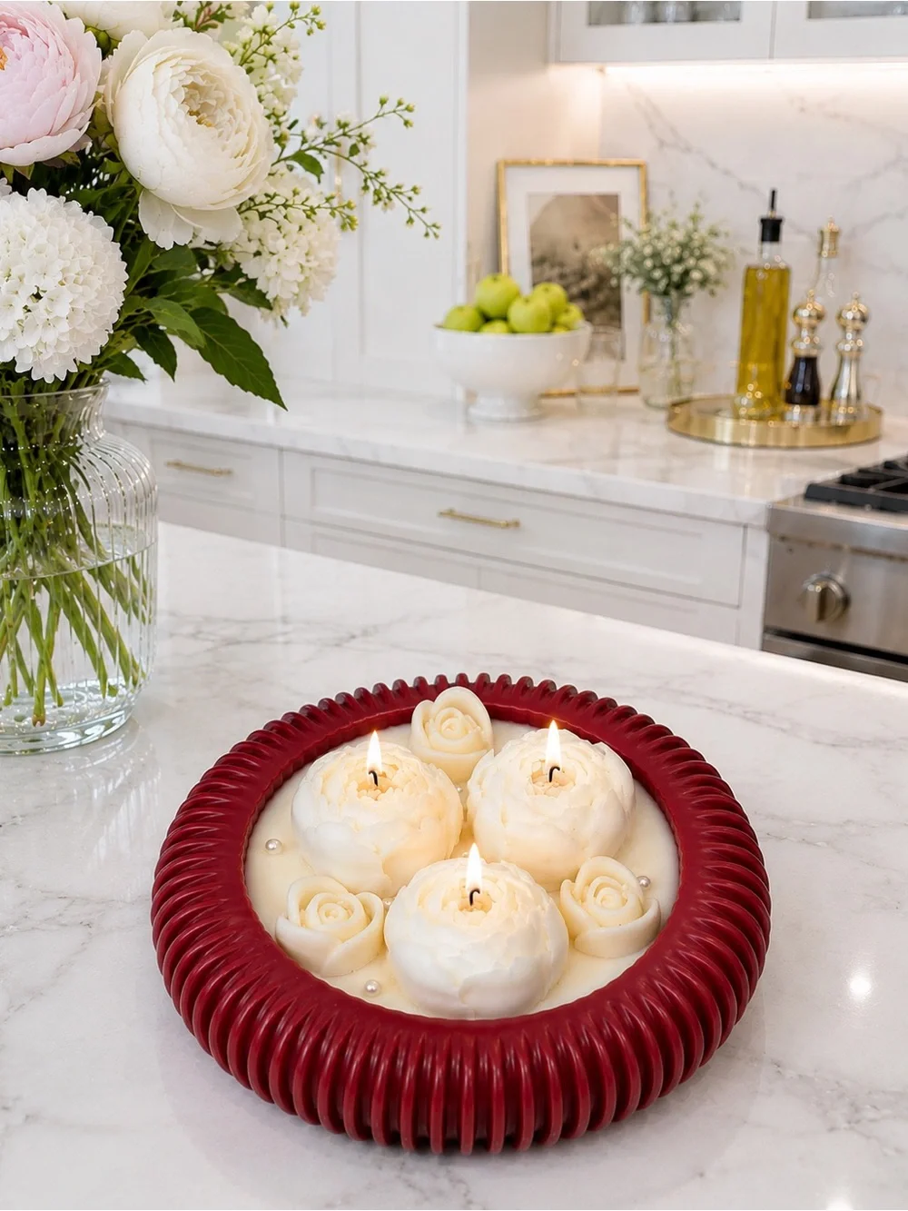 Handmade Burgundy Floral Soy Candle Peony and Rose White Tea Scent
